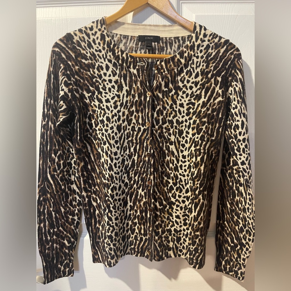 J. Crew jackie 100% merino Animal Print Cardigan XS wool knit button up sweater
